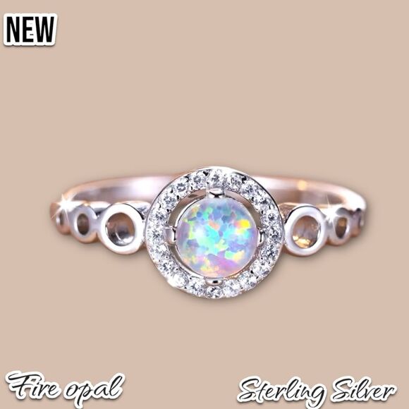 New .925 White Fire Opal Round CZ Crystal Vintage Wedding Engagement Ring - Picture 3 of 9